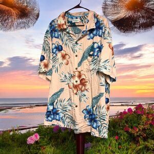 Men’s Caribbean Silk Blend Button Up Hawaiian Shirt, Tropical Island Vacay 2XT